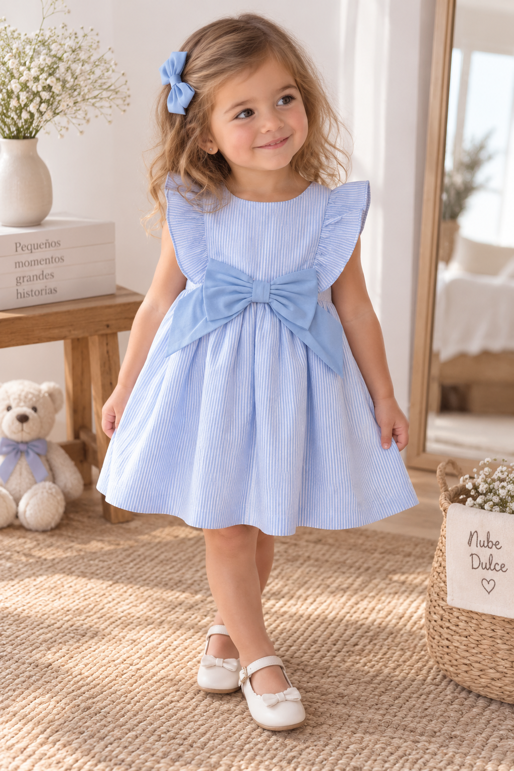 Vestido infantil de rayas azules | Volantes y gran lazo