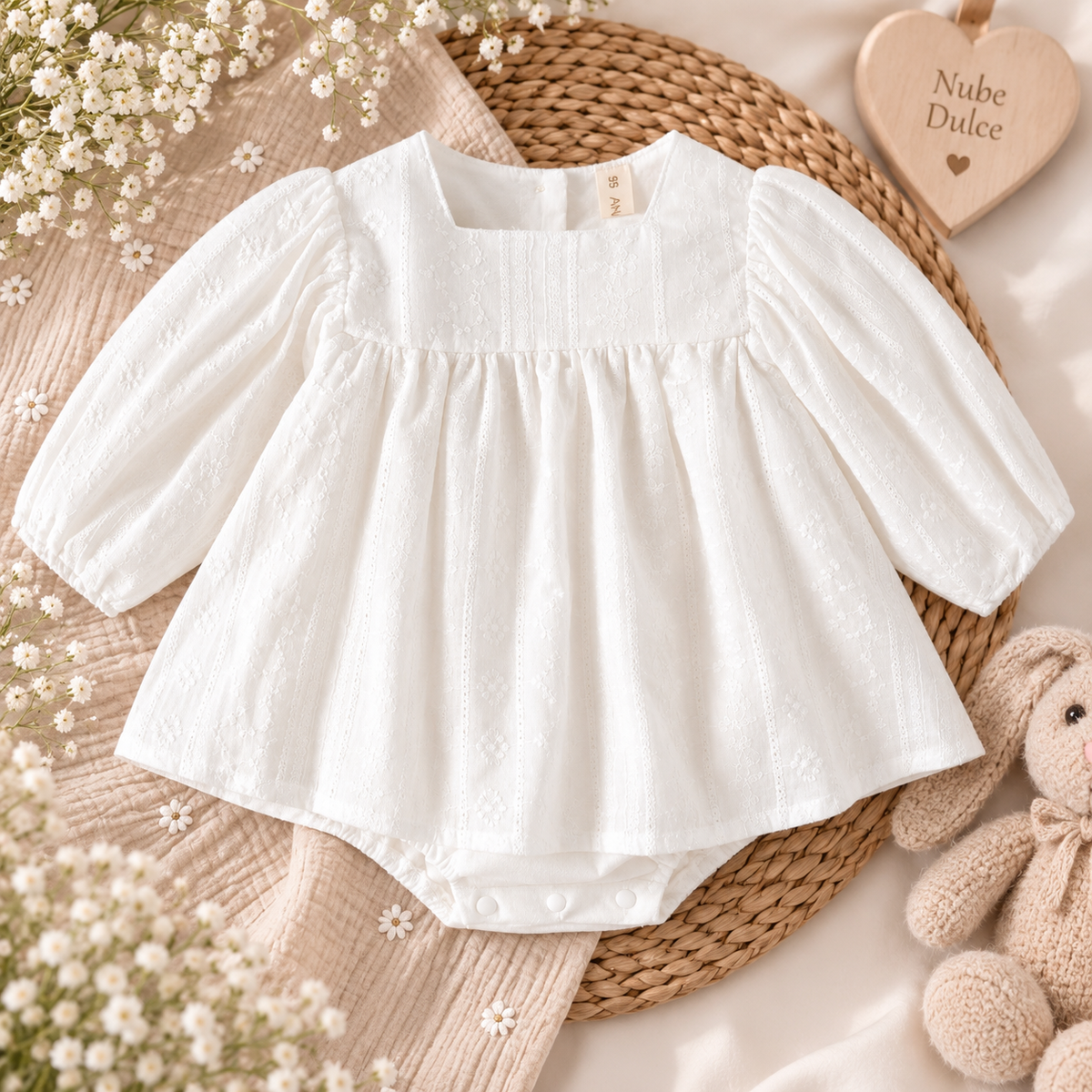 Vestido Pelele Blanco Bordado con Manga Larga Abullonada para Bebé