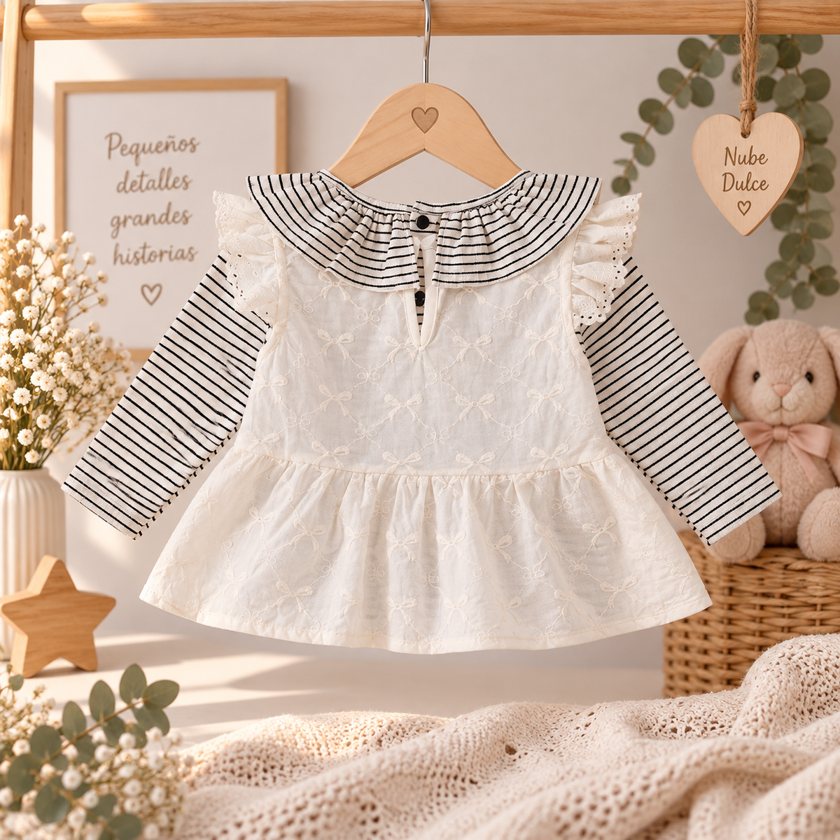 Conjunto Infantil 3 Piezas “Dulce Encanto” – Blusa Bordada, Chaleco y Pantalón Campana