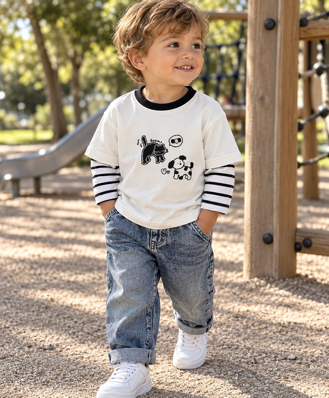 Camiseta Infantil Beige “Amigos” 🐱🐶
