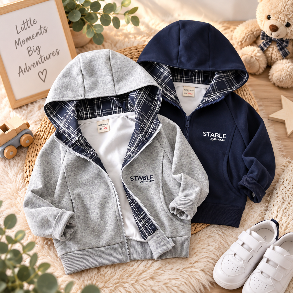 Chaqueta Infantil con Capucha y Cremallera – Gris y Azul Marino
