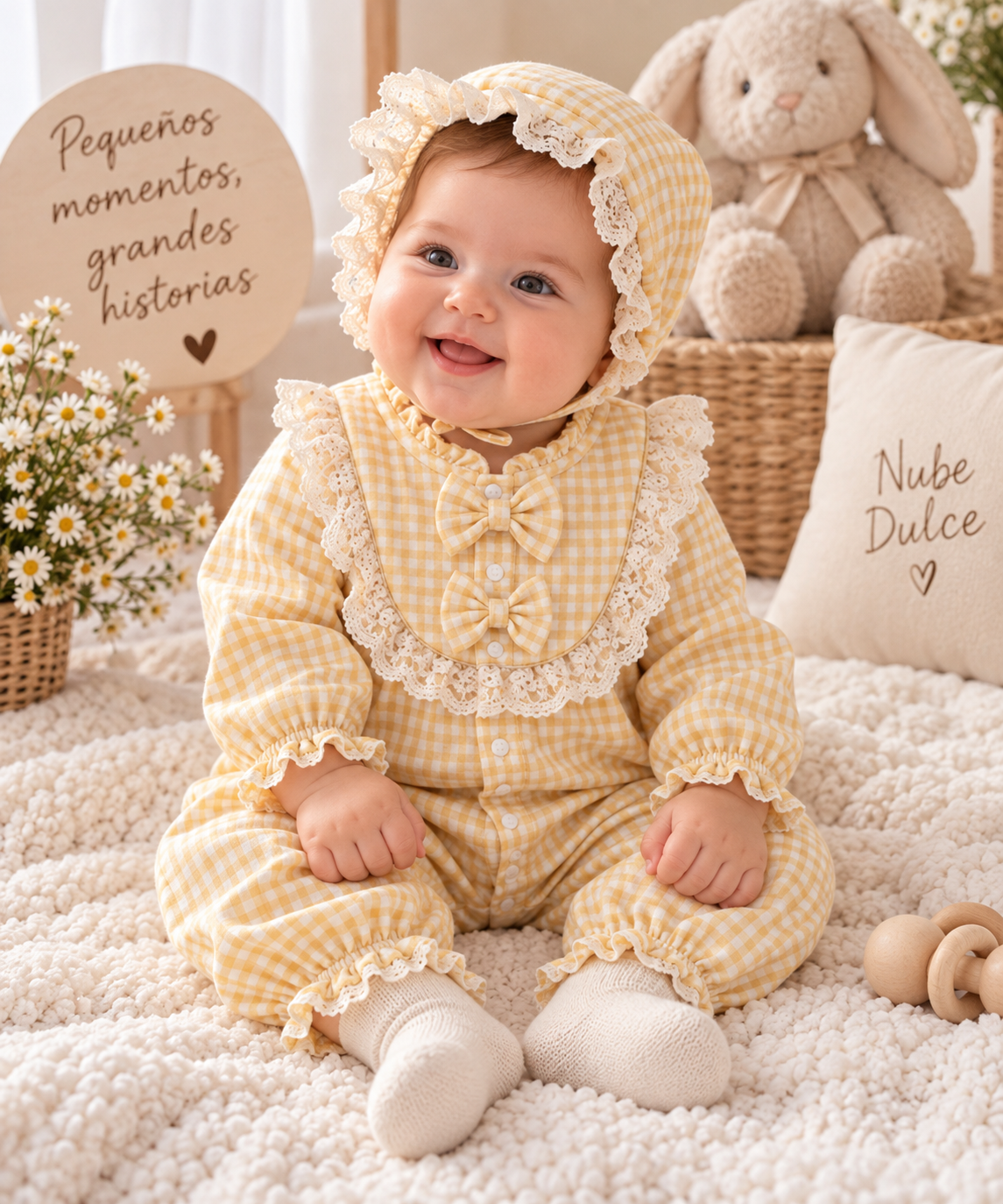 Pelele Bebé Niña Vichy Amarillo “Dulce Primavera” 🎀💛