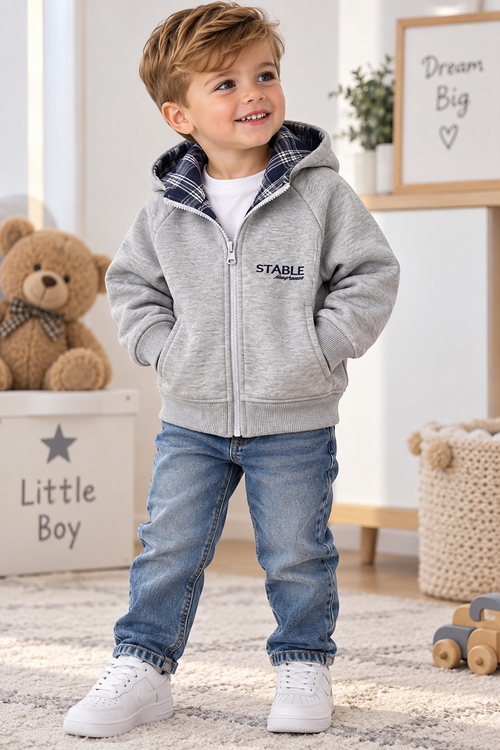 Chaqueta Infantil con Capucha y Cremallera – Gris y Azul Marino