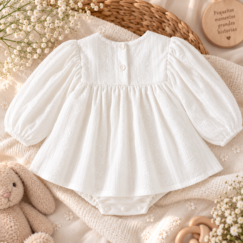 Vestido Pelele Blanco Bordado con Manga Larga Abullonada para Bebé