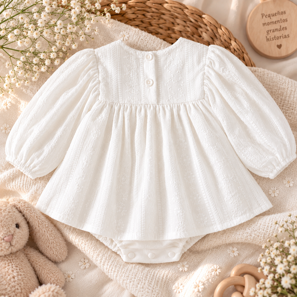 Vestido Pelele Blanco Bordado con Manga Larga Abullonada para Bebé