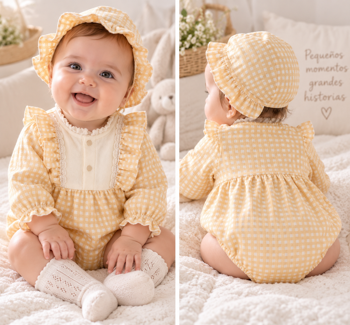 Pelele de Cuadros Amarillo con Volantes y Gorrito – Dulce y Elegante