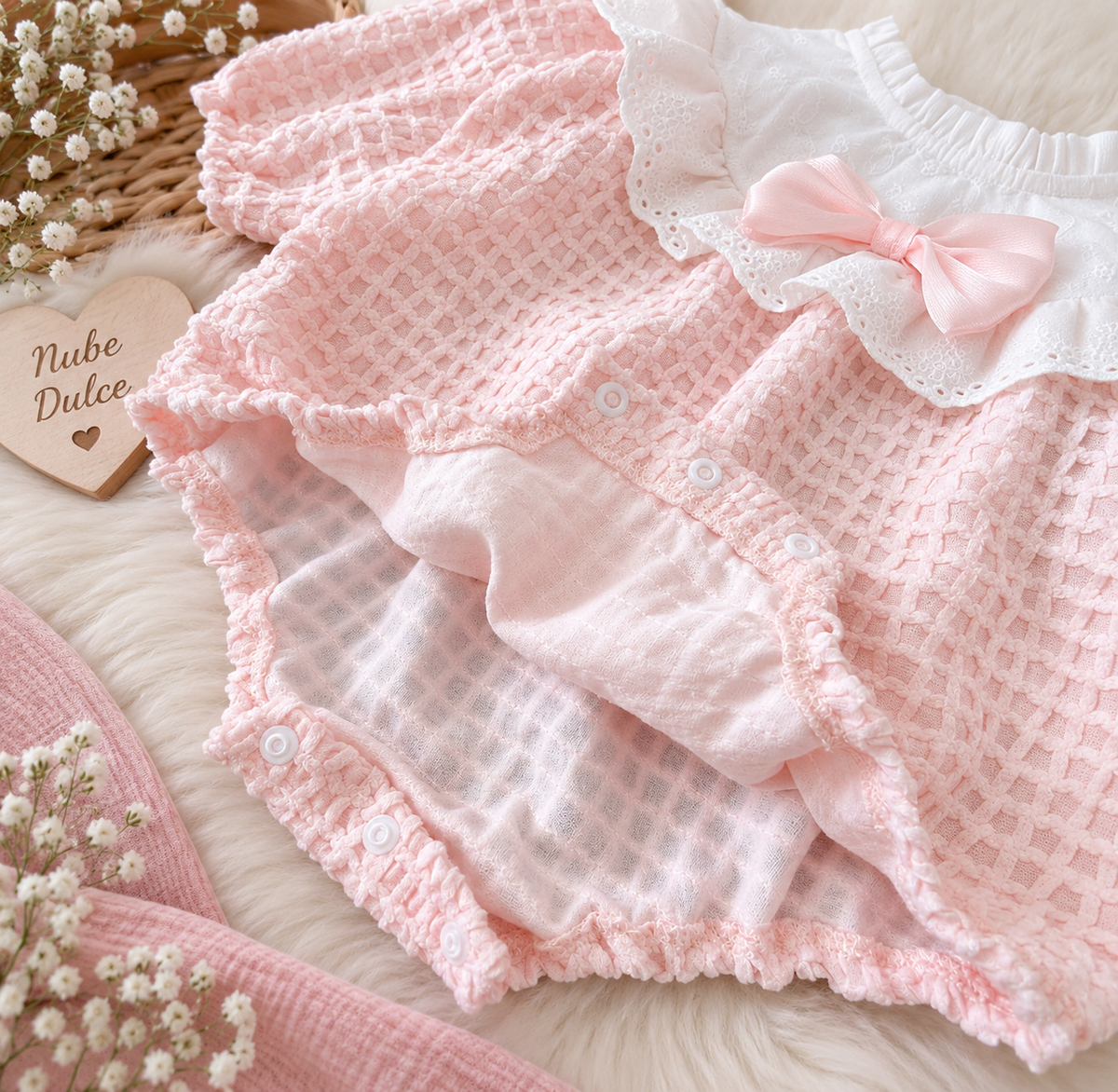 Pelele Rosa de Punto con Cuello de Encaje y Lazo
