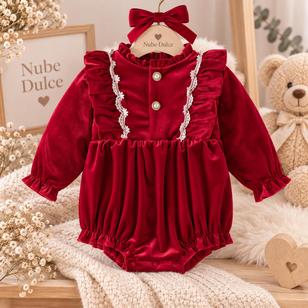 Pelele de Terciopelo Rojo con Volantes y Detalles de Encaje