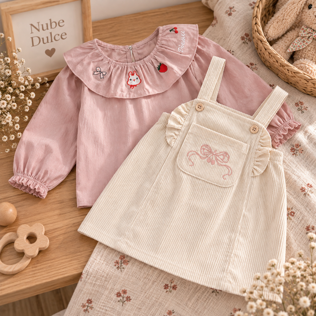 Conjunto Vestido de Pana y Blusa Rosa con Volantes para Bebé