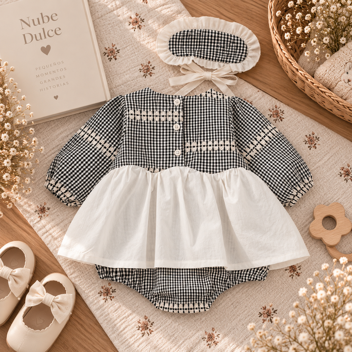 Ranita de Cuadros Vichy para Bebé con Vestido y Accesorios