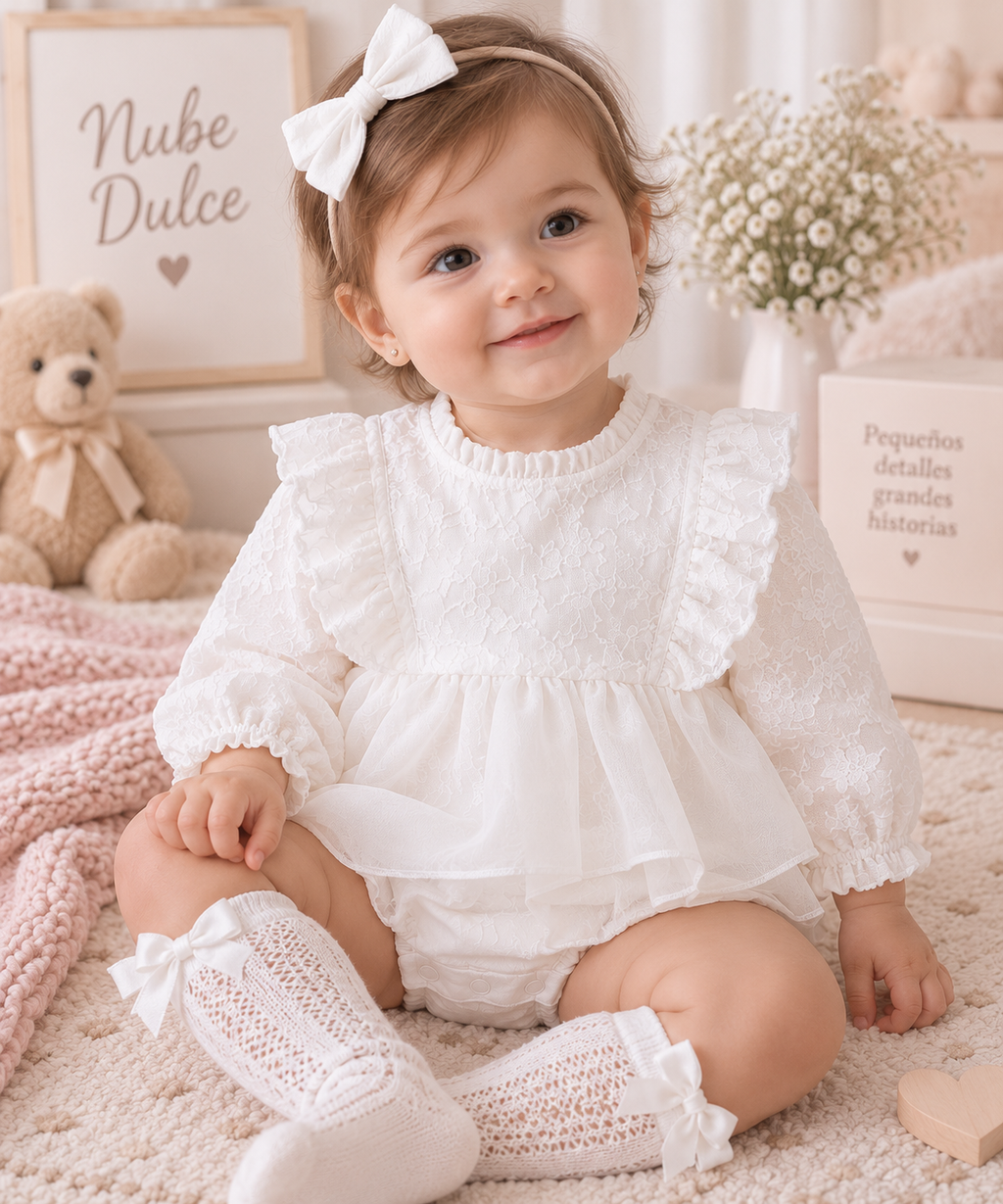 Pelele Vestido de Encaje Blanco con Volantes y Braguita | Nube Dulce