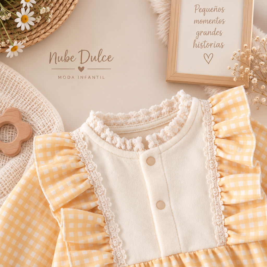 Pelele de Cuadros Amarillo con Volantes y Gorrito – Dulce y Elegante