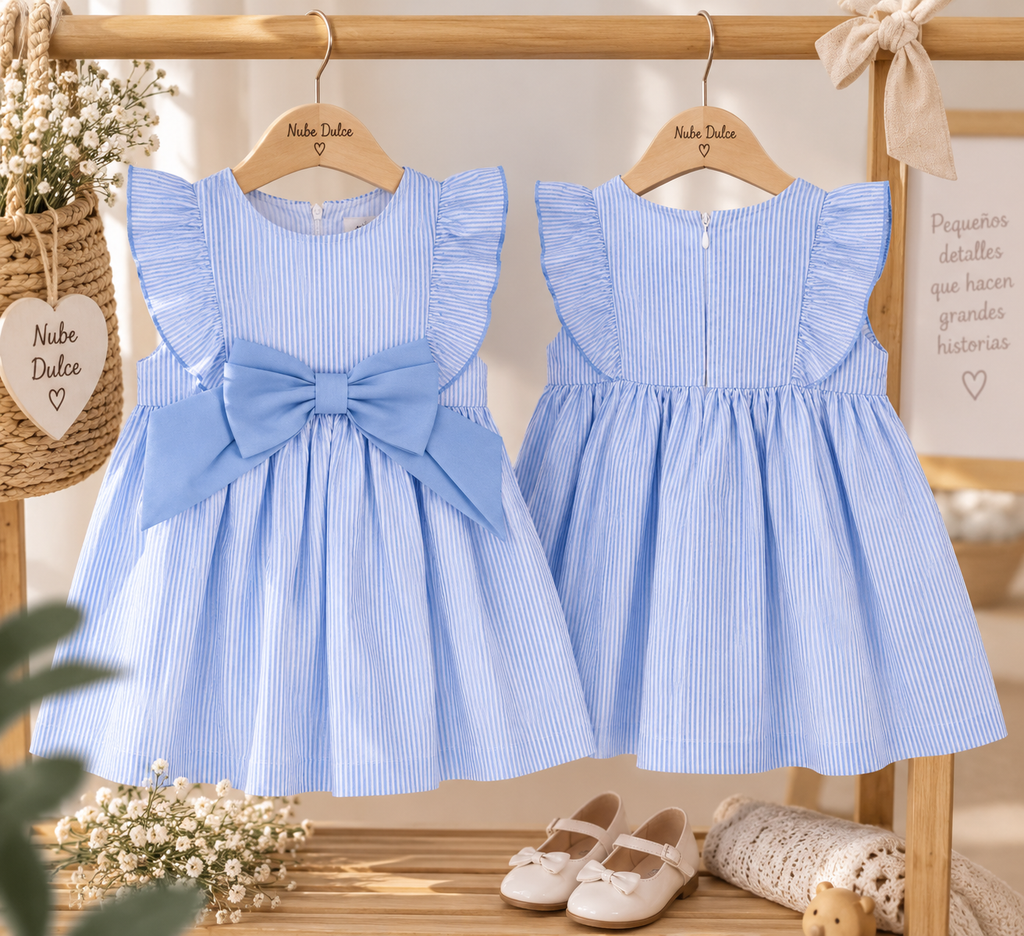 Vestido infantil de rayas azules | Volantes y gran lazo