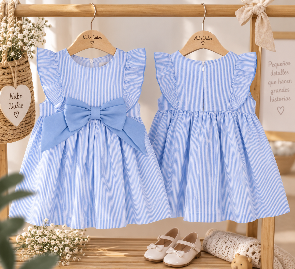 Vestido infantil de rayas azules | Volantes y gran lazo