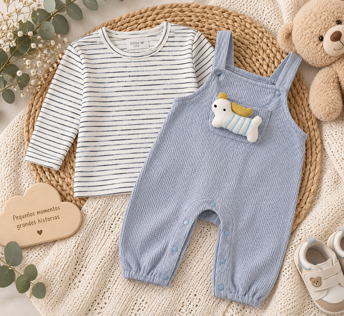 Conjunto Bebé de Rayas con Peto Azul y Detalle Osito 🧸💙