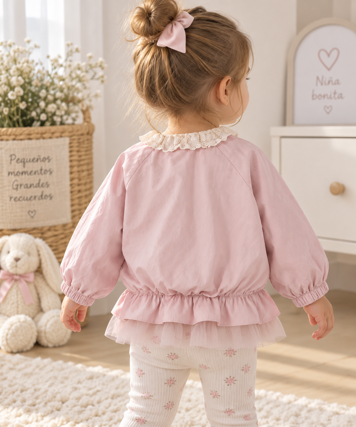 Chaqueta Infantil con Cuello de Encaje y Volante – Nube Dulce