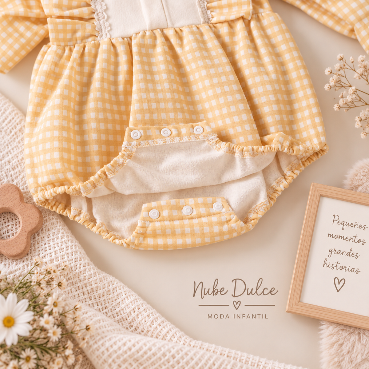 Pelele de Cuadros Amarillo con Volantes y Gorrito – Dulce y Elegante