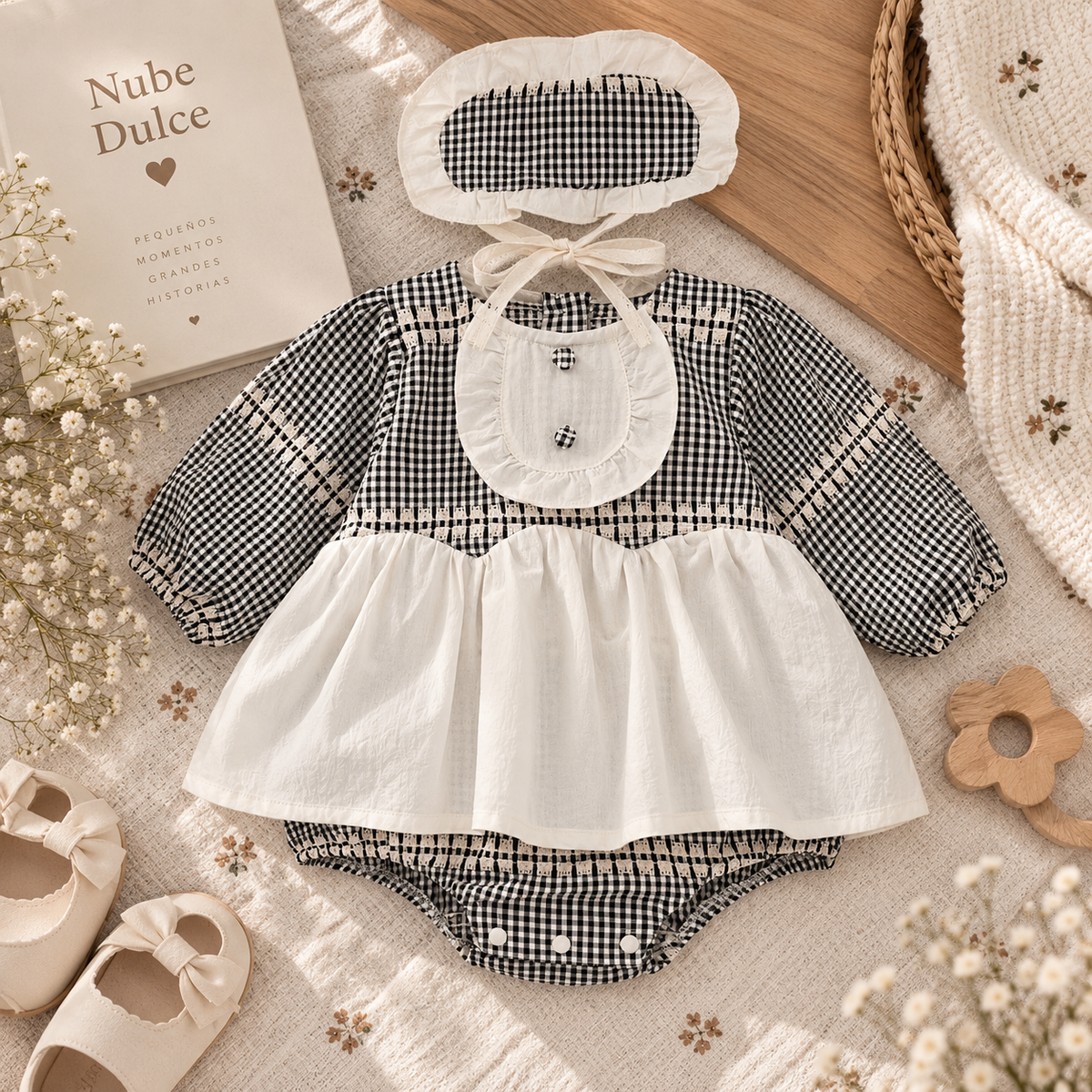 Ranita de Cuadros Vichy para Bebé con Vestido y Accesorios