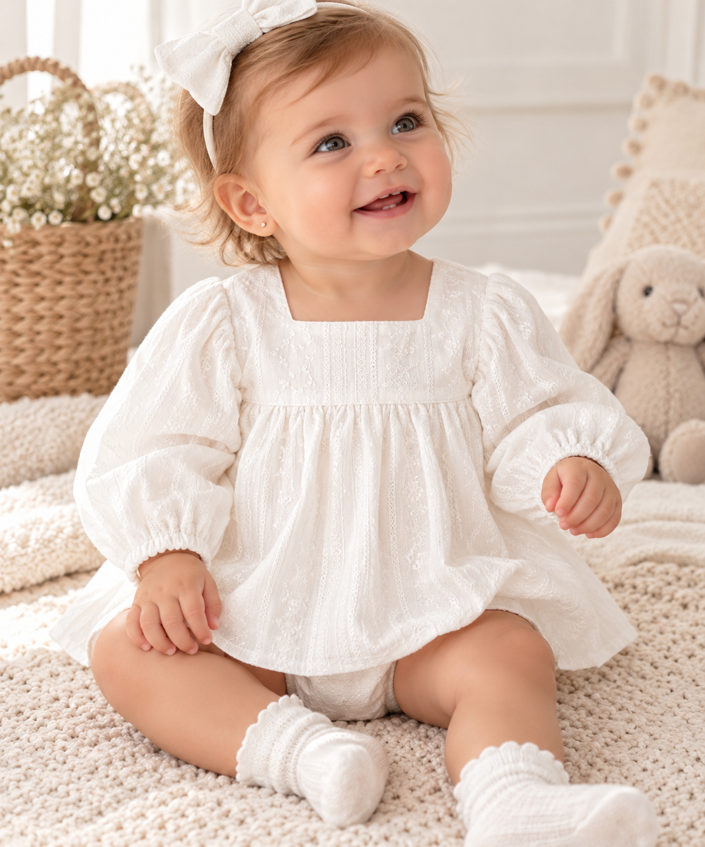 Vestido Pelele Blanco Bordado con Manga Larga Abullonada para Bebé