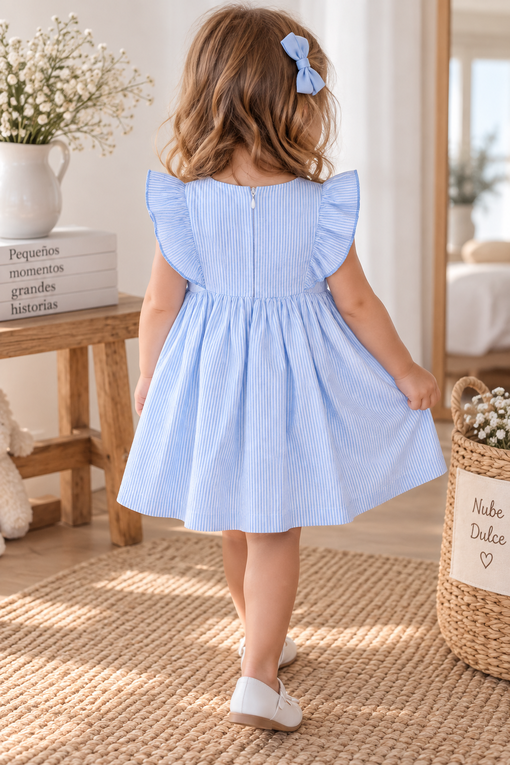 Vestido infantil de rayas azules | Volantes y gran lazo