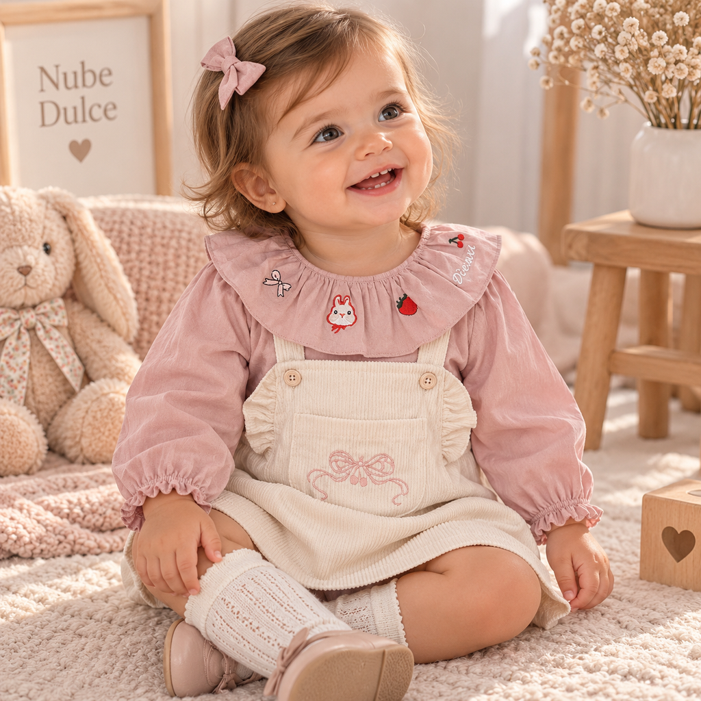 Conjunto Vestido de Pana y Blusa Rosa con Volantes para Bebé