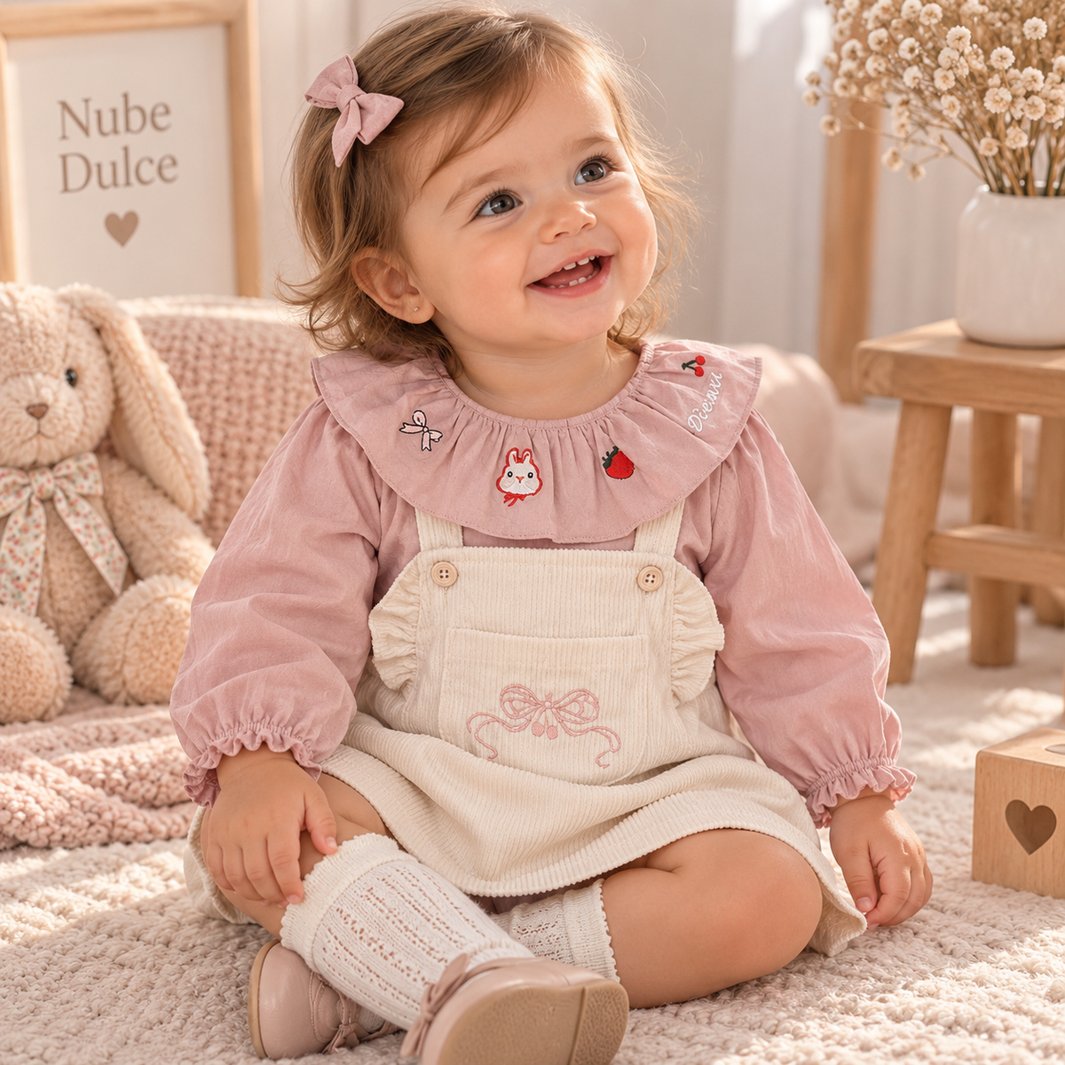 Conjunto Vestido de Pana y Blusa Rosa con Volantes para Bebé