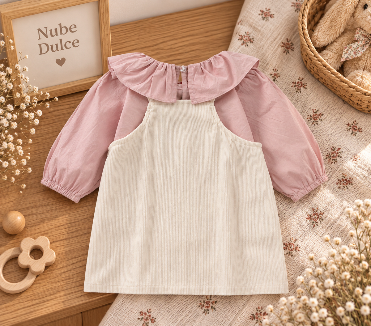 Conjunto Vestido de Pana y Blusa Rosa con Volantes para Bebé