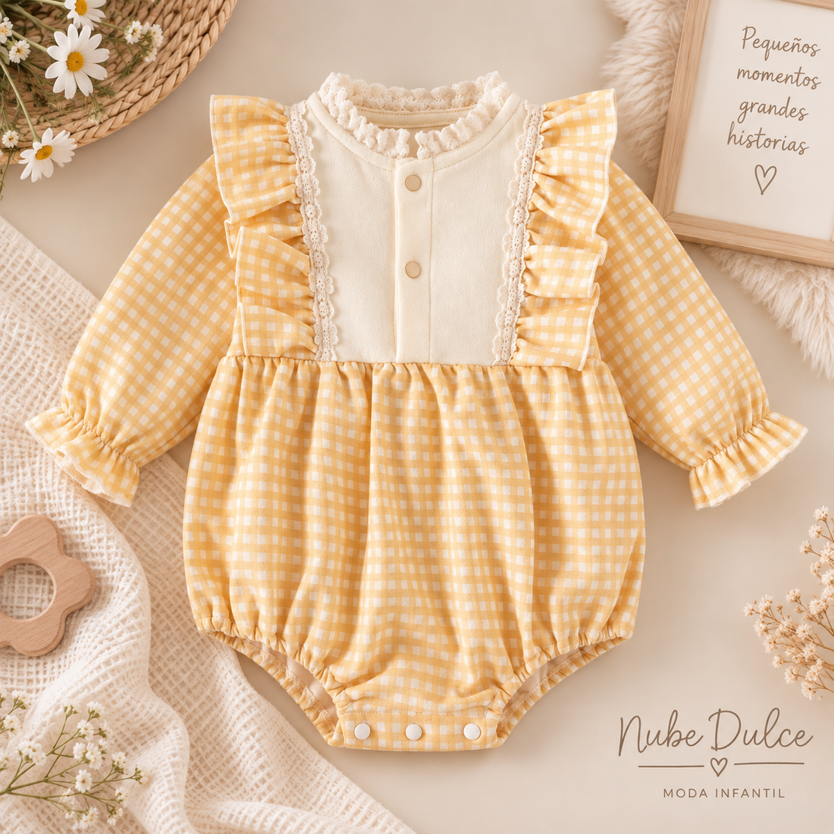 Pelele de Cuadros Amarillo con Volantes y Gorrito – Dulce y Elegante