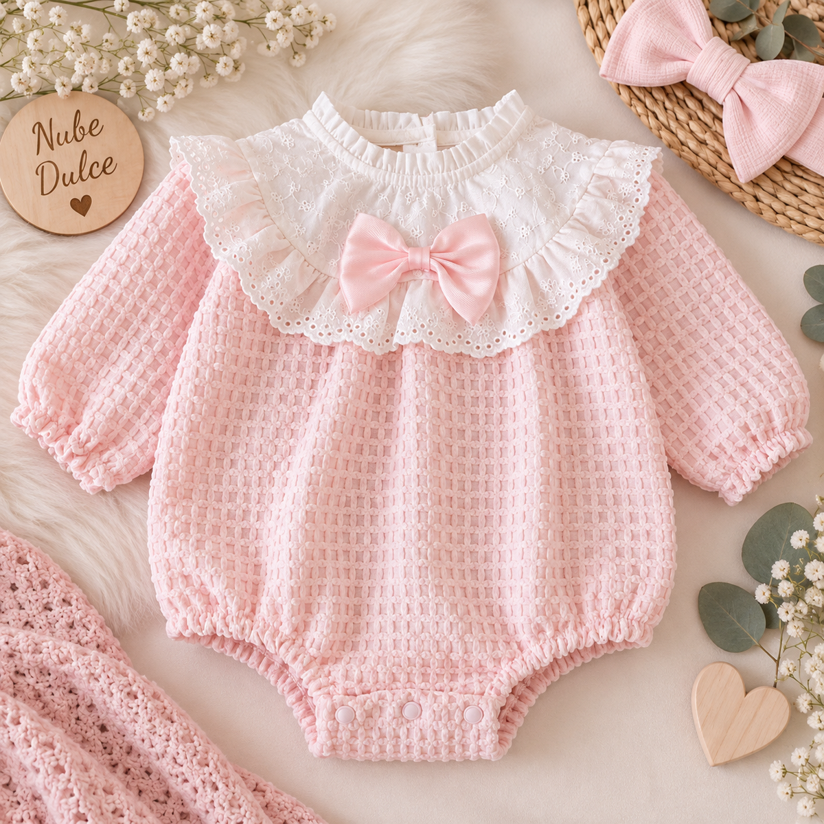 Pelele Rosa de Punto con Cuello de Encaje y Lazo