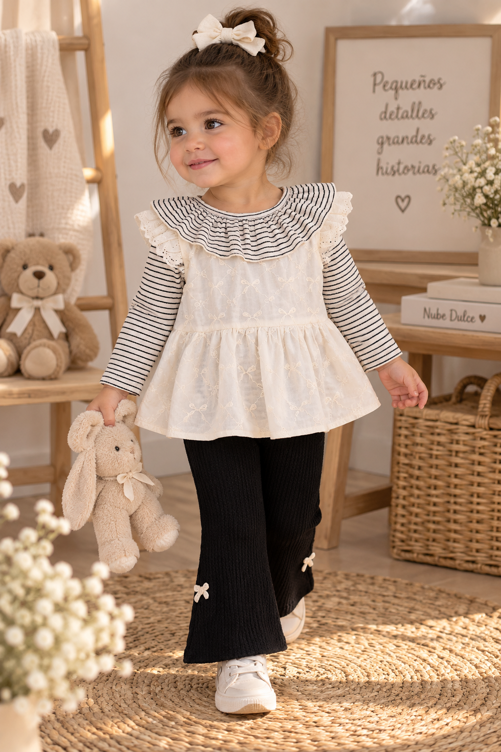 Conjunto Infantil 3 Piezas “Dulce Encanto” – Blusa Bordada, Chaleco y Pantalón Campana