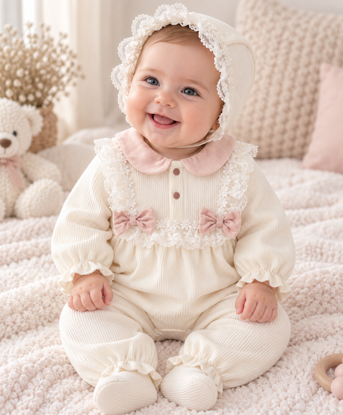 Conjunto Bebé Niña Vintage con Encaje y Bonnet | Rosa y Blanco