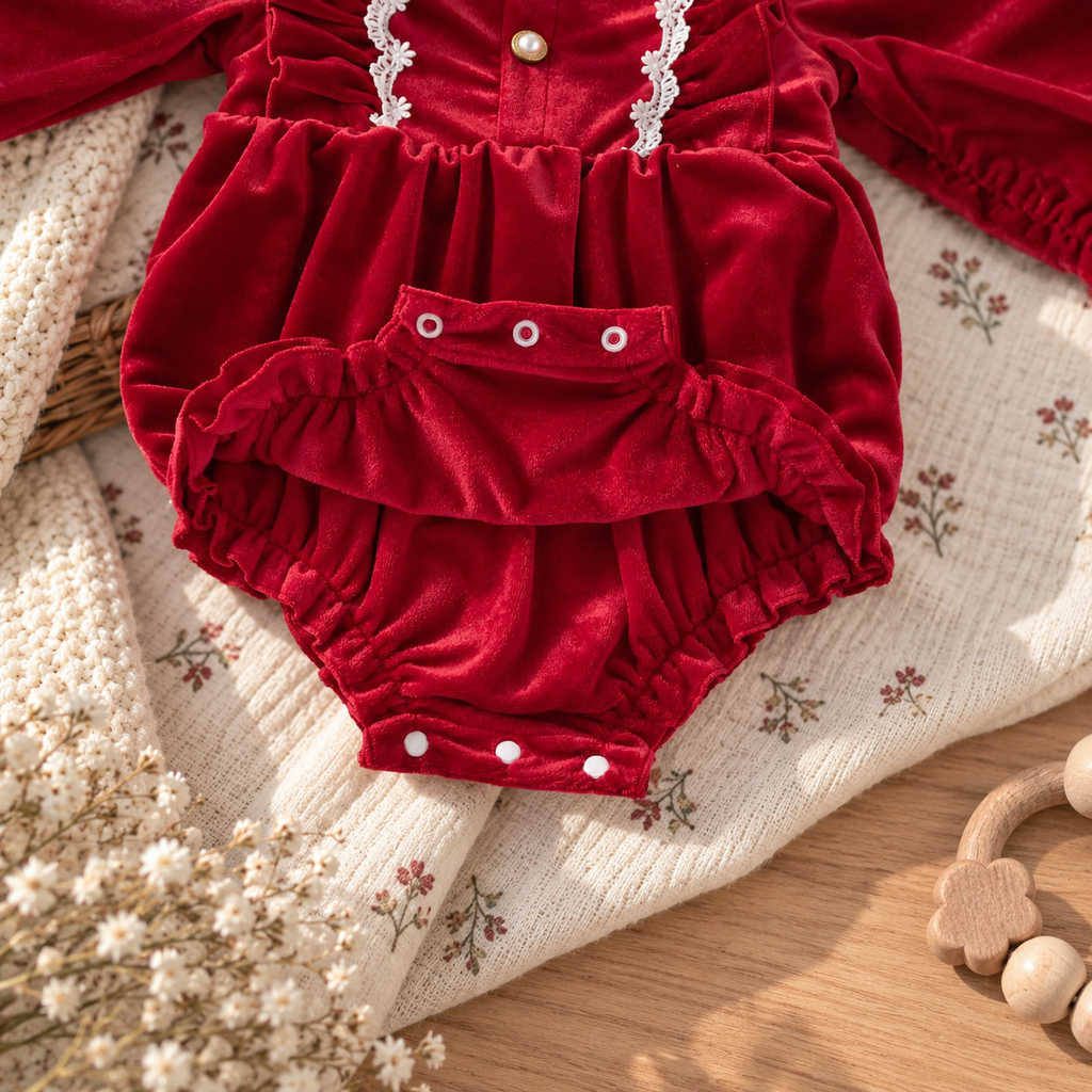Pelele de Terciopelo Rojo con Volantes y Detalles de Encaje