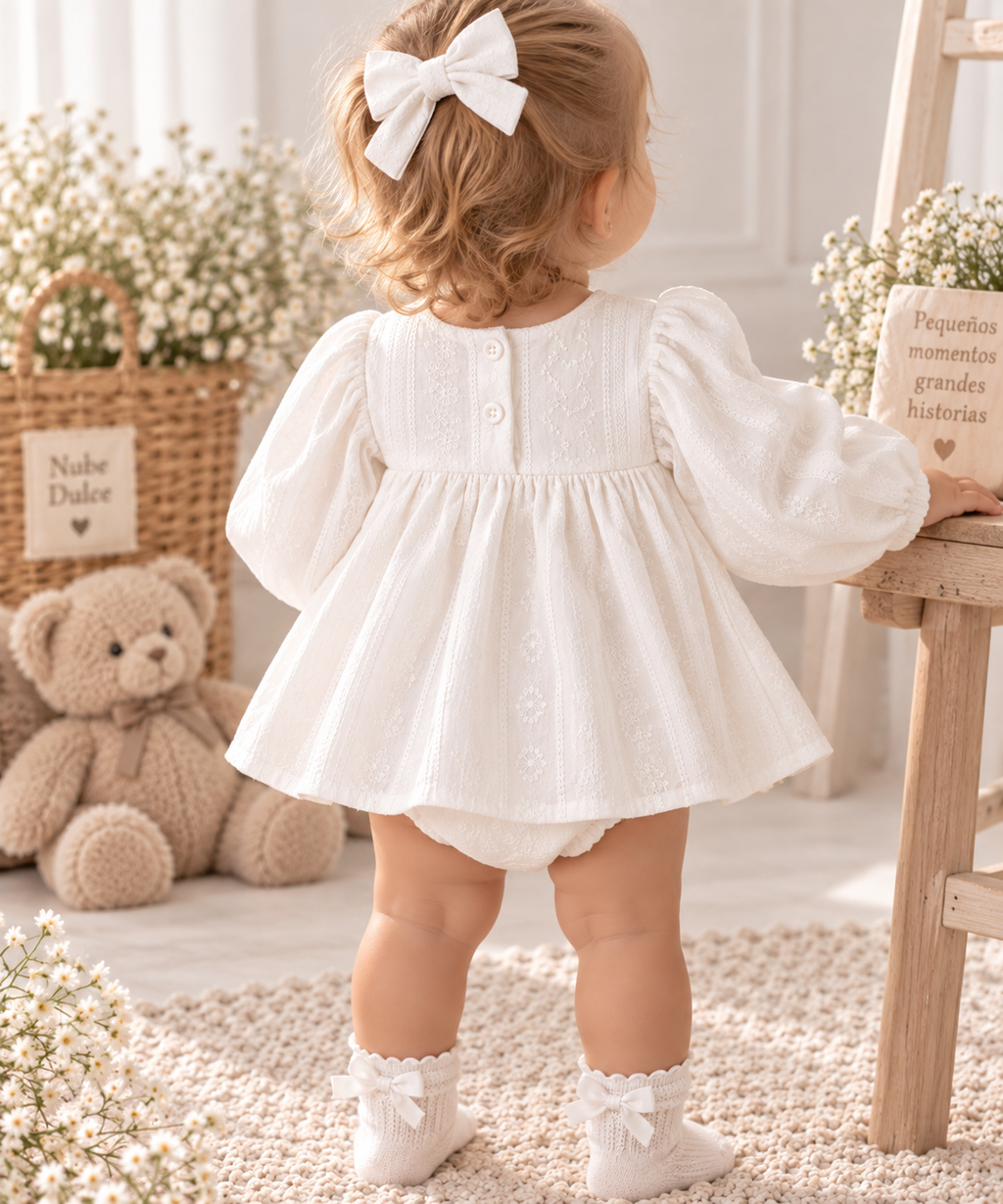 Vestido Pelele Blanco Bordado con Manga Larga Abullonada para Bebé