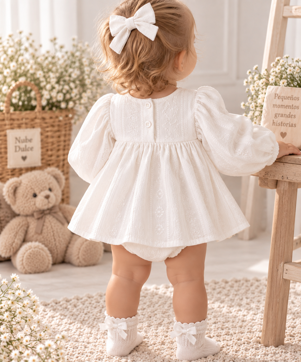 Vestido Pelele Blanco Bordado con Manga Larga Abullonada para Bebé