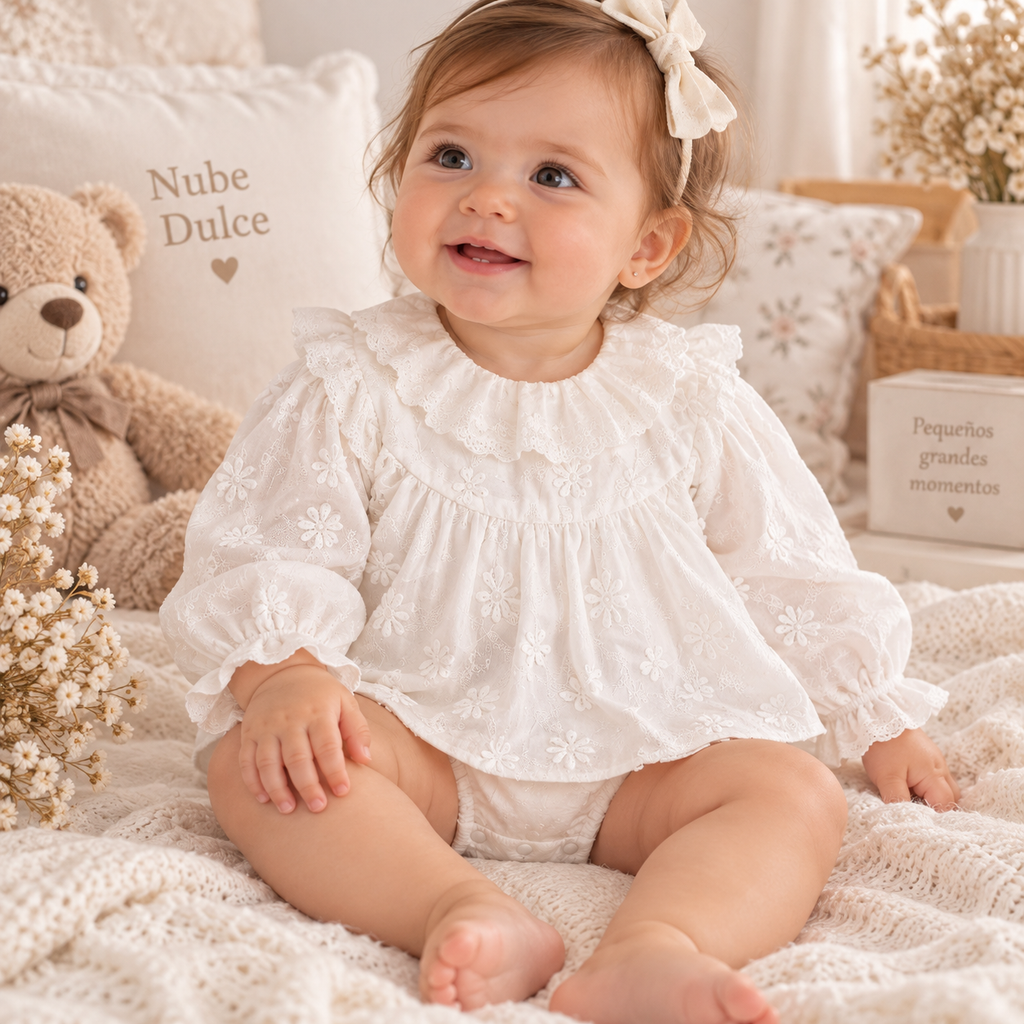 Vestido Bodi Bebé Blanco Bordado con Volantes y Manga Larga
