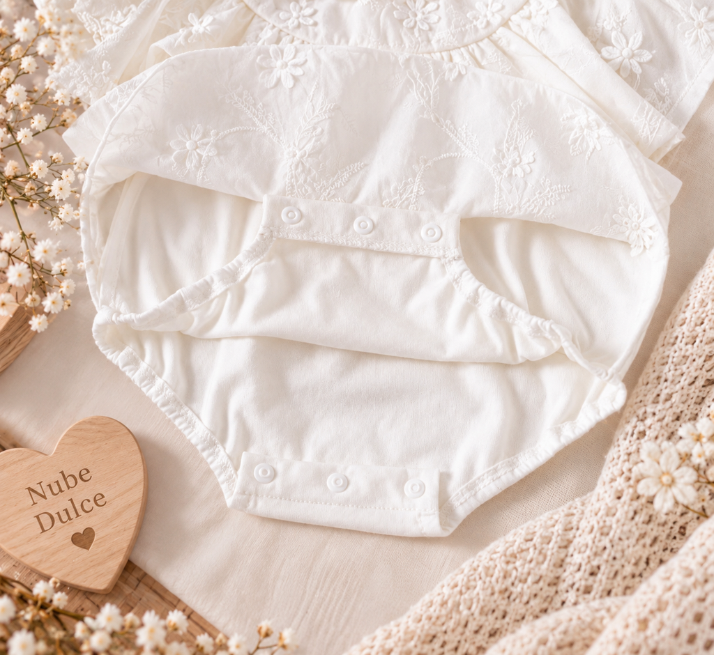 Vestido Bodi Bebé Blanco Bordado con Volantes y Manga Larga