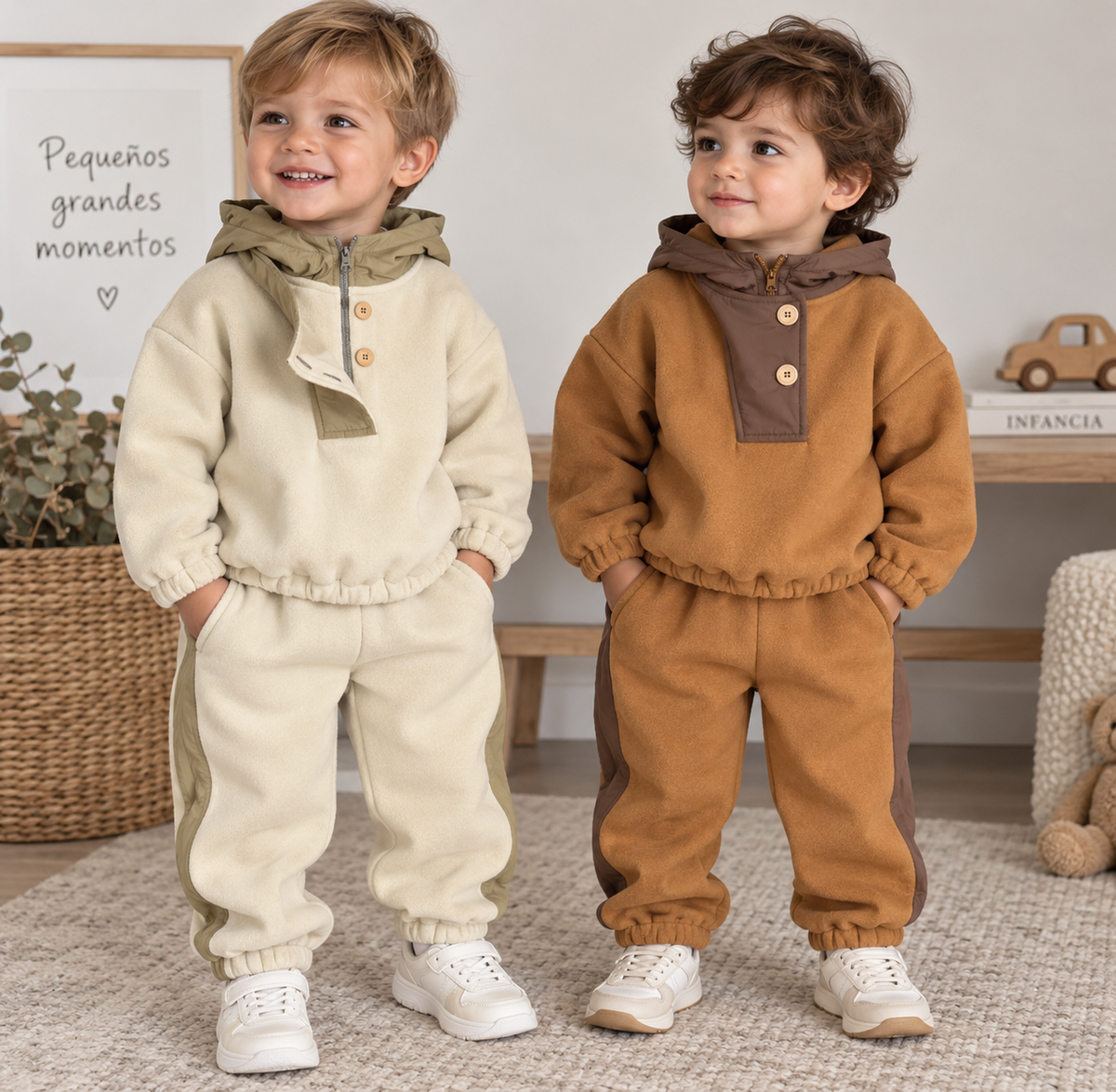 Conjunto Infantil de Felpa con Capucha y Detalles Contraste – Colección Otoño/Invierno