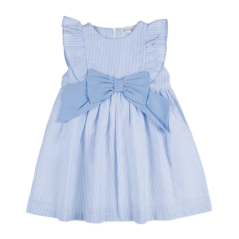 Vestido a rayas azules con volantes y lazo azul
