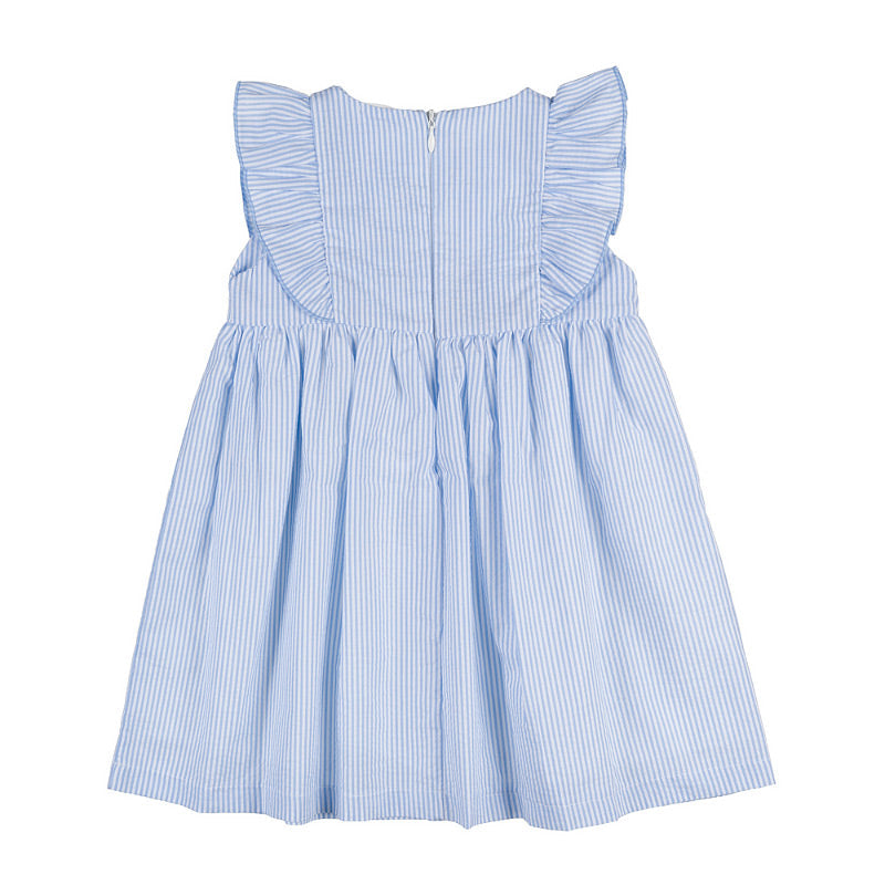 Vestido a rayas azules con volantes y lazo azul