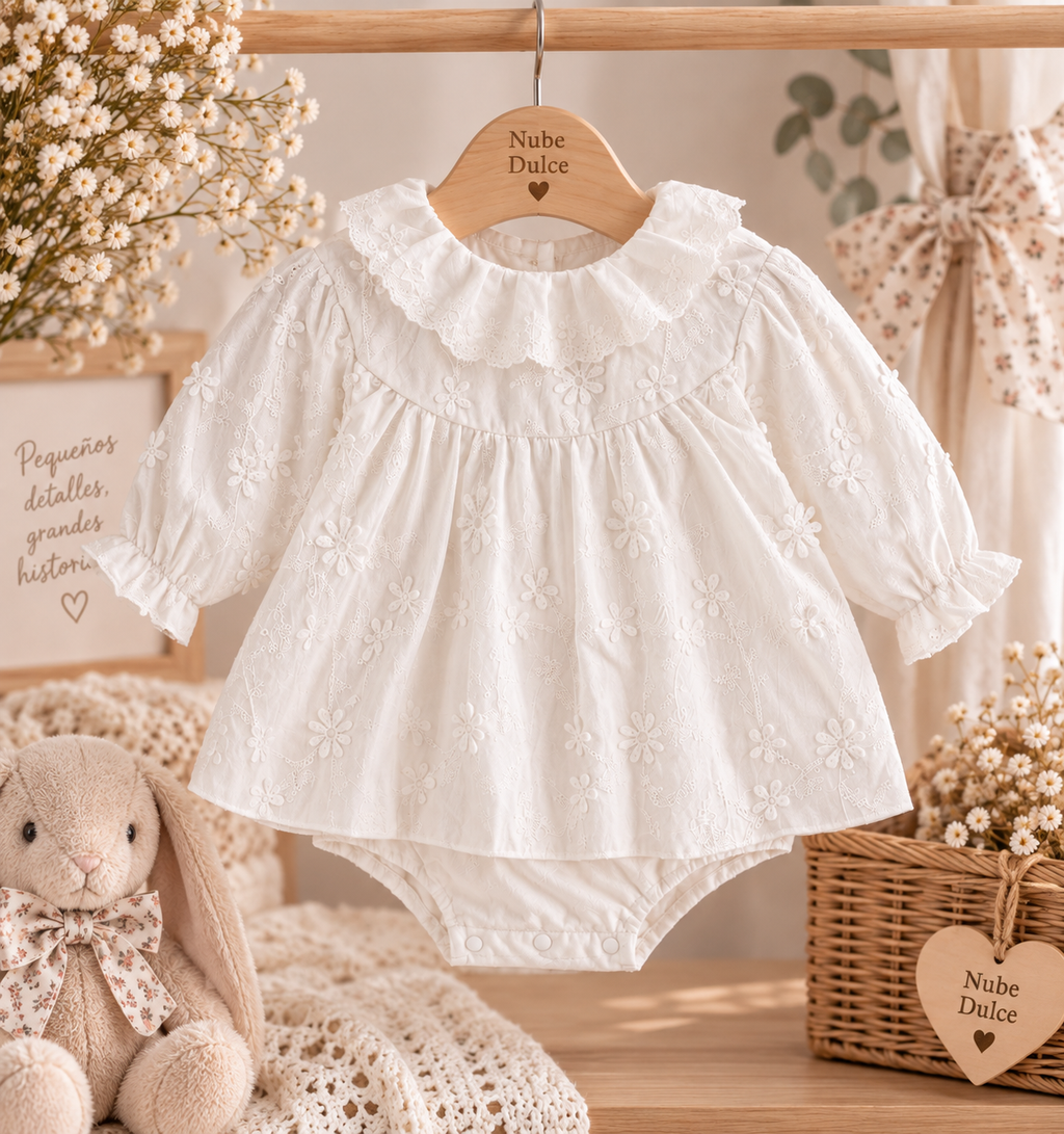 Vestido Bodi Bebé Blanco Bordado con Volantes y Manga Larga