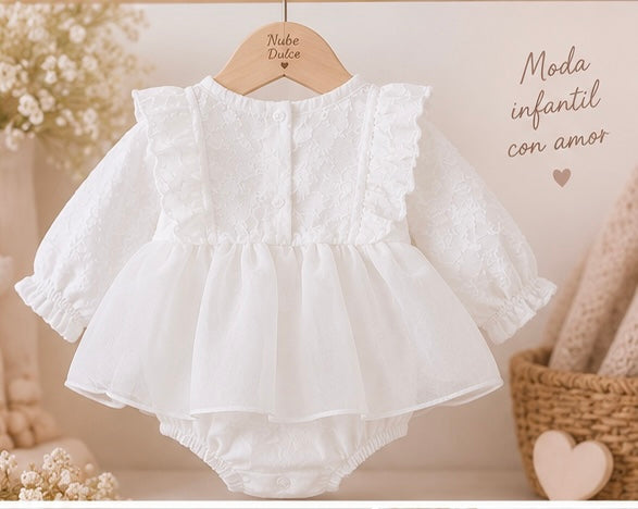 Pelele Vestido de Encaje Blanco con Volantes y Braguita | Nube Dulce