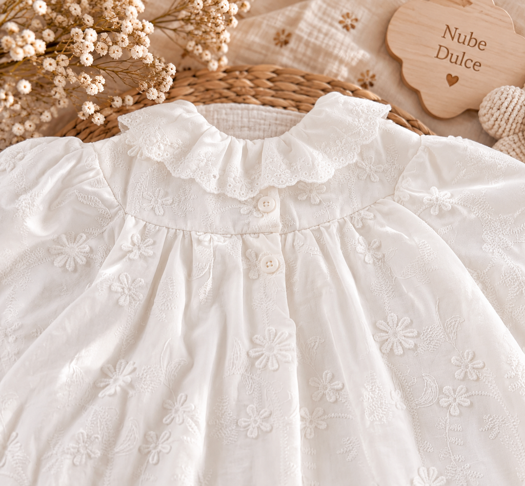 Vestido Bodi Bebé Blanco Bordado con Volantes y Manga Larga
