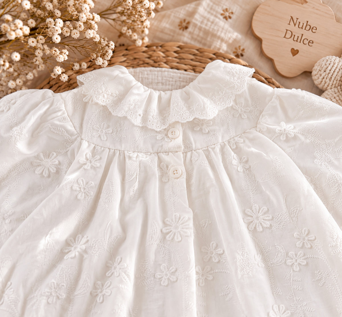 Vestido Bodi Bebé Blanco Bordado con Volantes y Manga Larga