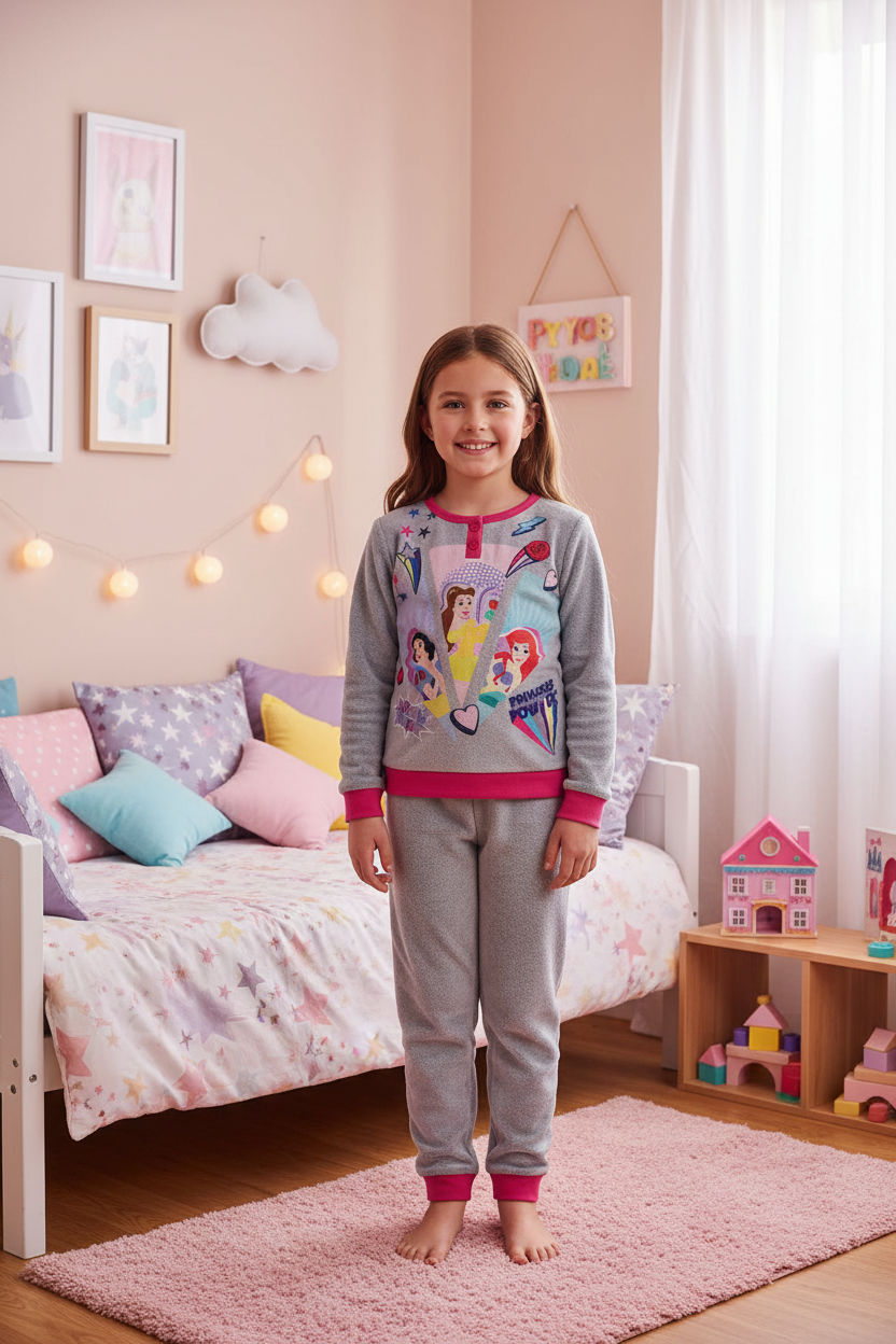 Pijama de Invierno Infantil Disney Princesas- Gris y Rosa / talla 110cm